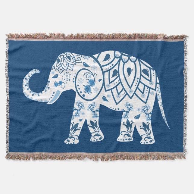 Ornate Patterned Blue Elephant Filt (Framsidan)