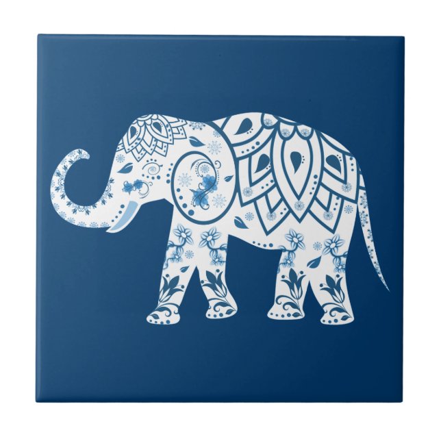 Ornate Patterned Blue Elephant Kakelplatta (Framsidan)