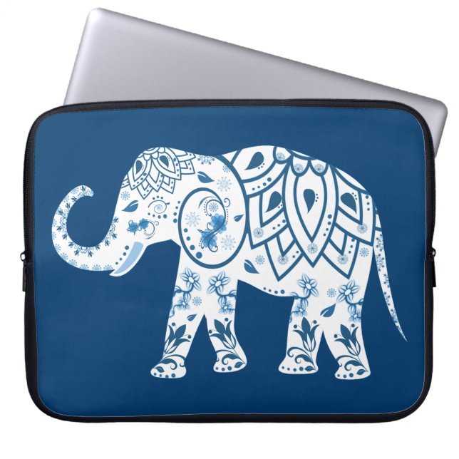Ornate Patterned Blue Elephant Laptop Sleeve (Framsidan)