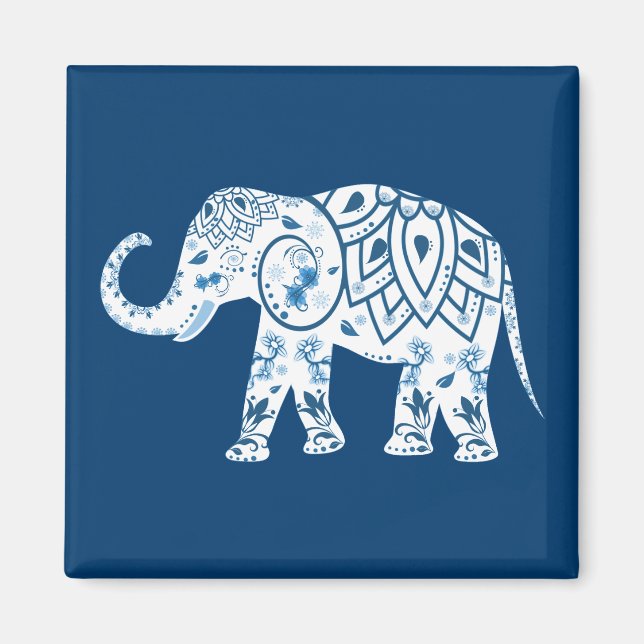 Ornate Patterned Blue Elephant Magnet (Framsidan)
