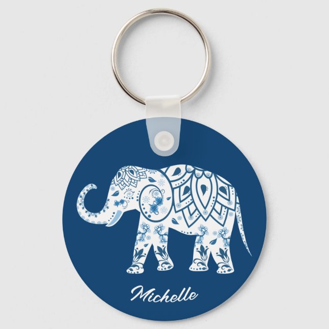 Ornate Patterned Blue Elephant Personlig Nyckelring (Framsida)