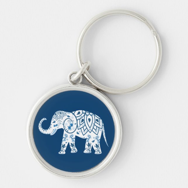 Ornate Patterned Blue Elephant Rund Silverfärgad Nyckelring (Framsidan)