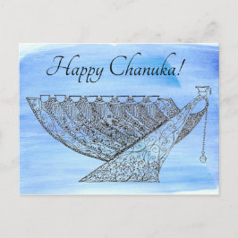 Ornate Pen och Bläck Chanukah Menorah på Blue Vykort