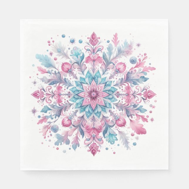 ORNATE PINK & BLUE WINTER HOLIDAY SNOWFLAKES PAPPERSSERVETT (Framsidan)