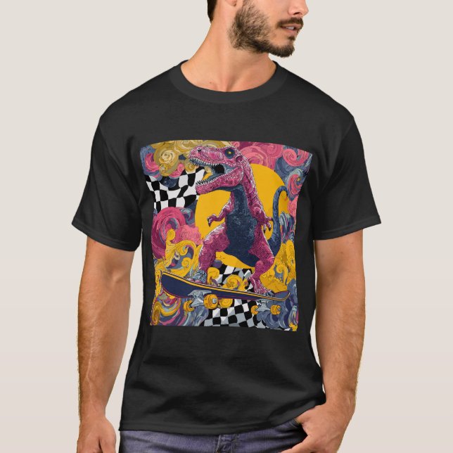 Ornate Pink T-Rex Skateboarding T Shirt (Framsida)