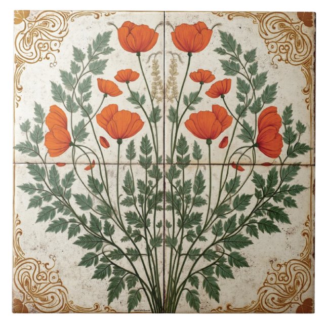Ornate Poppy med Gilded Gräns Kakelplatta (Framsidan)