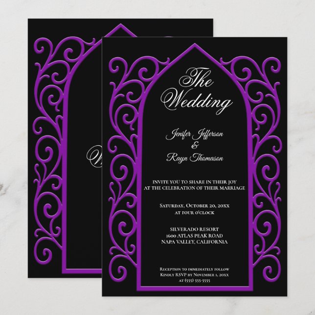 Ornate purple border Gothic wedding Invitation Inbjudningar (Fram/baksida)