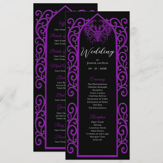 Ornate purple border Gothic Wedding Program (Fram/baksida)
