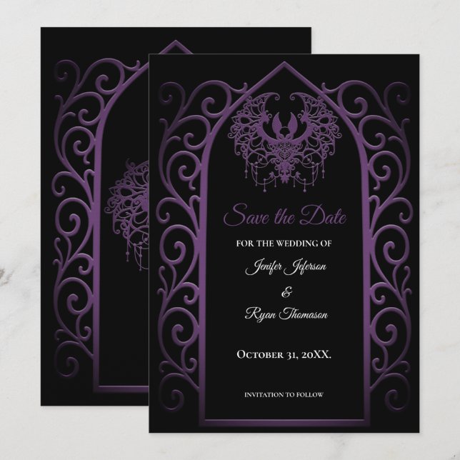 Ornate purple border wedding save the date meddelande (Fram/baksida)