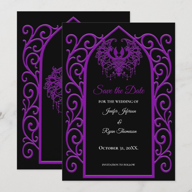 Ornate purple border wedding save the date meddelande (Fram/baksida)