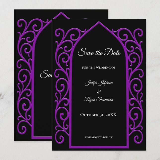 Ornate purple border wedding save the date meddelande (Fram/baksida)
