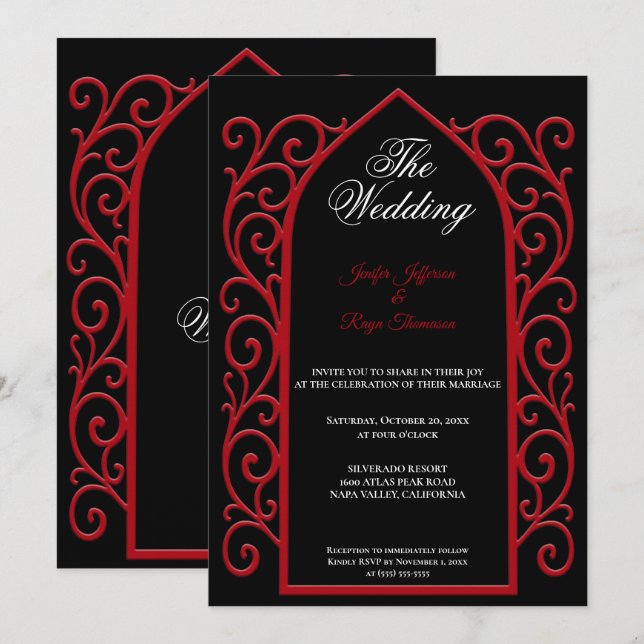 Ornate red border Gothic wedding Invitation Inbjudningar (Fram/baksida)