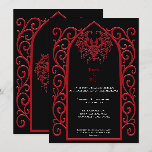 Ornate red border Gothic wedding Invitation Inbjudningar (Fram/baksida)
