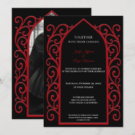 Ornate red border Photo Gothic wedding Invitation Inbjudningar