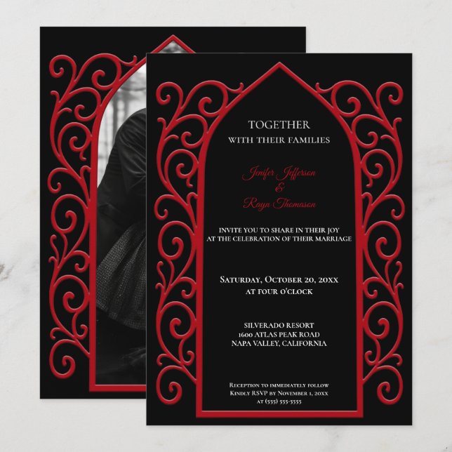 Ornate red border Photo Gothic wedding Invitation Inbjudningar (Fram/baksida)