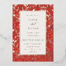 Ornate Red Classy Blommigt Peacock Guld Bröllop