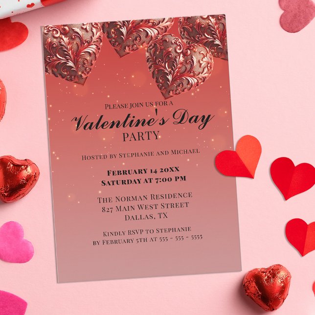 Ornate Red Metallic Hearts Valentine Day Party Inbjudningar (Skapare uppladdad)