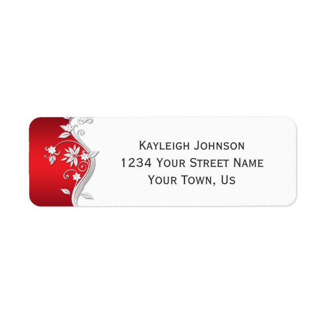 Ornate Red White Silver Flowers Swirls Returadress Etikett (Framsidan)