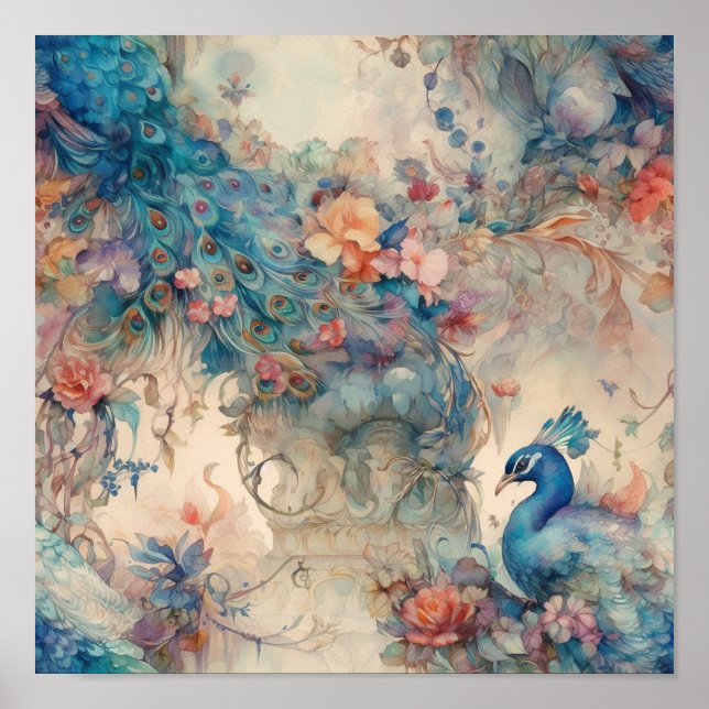 Ornate Rococo Period Blommigt and Peacock Poster (Framsidan)