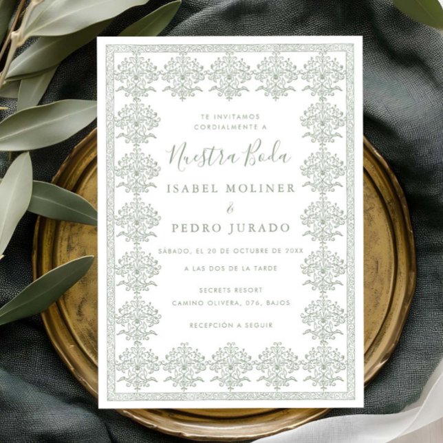 Ornate Romantic Sage Green Nuestra Boda Wedding Inbjudningar (Skapare uppladdad)