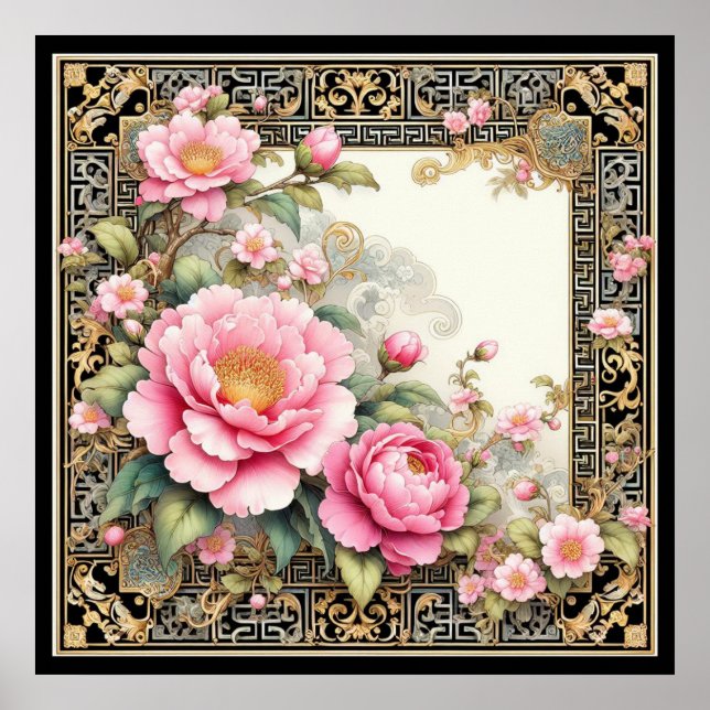 Ornate Rosa Peony i finare Chinoiserie ram Poster (Framsidan)