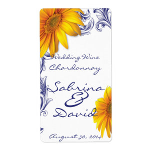Ornate Royal Blue Gult Solblommor Bröllop Vin Fraktsedel