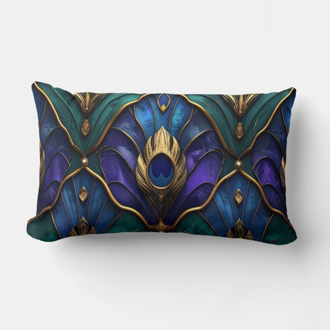 Ornate Royal Peacock & Gold Luxury Pillow Lumbarkudde (Framsida)