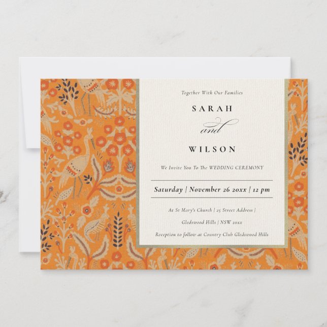Ornate Rust Orange Blommigt Peacock Wedding bjudan Tack Kort (Framsida)