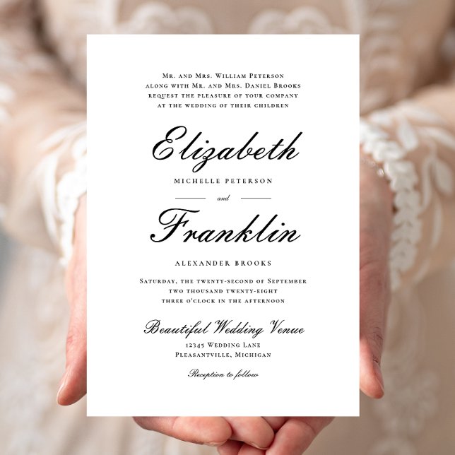 Ornate Script Formal Black and White Bröllop Inbjudningar (Skapare uppladdad)