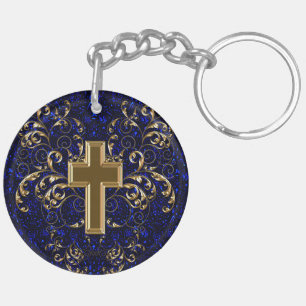 Ornate Scrollss & Kor Keychain, Drag Blue & Guld