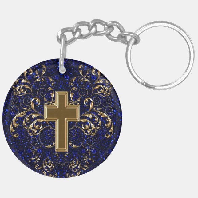 Ornate Scrollss & Kor Keychain, Drag Blue & Guld (Höger Baksida)