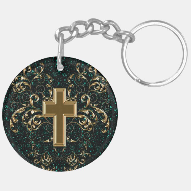 Ornate Scrollss & Kor Keychain, Drag Grönt & Guld (Vänster Baksida)