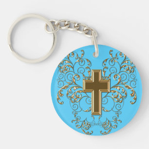 Ornate Scrollss & Kor Keychain, Light Blue & Guld