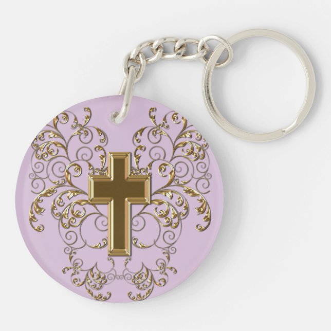 Ornate Scrollss & Kor Keychain, Lila & Guld (Baksidan)