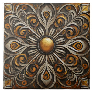 Ornate Scrollwork with Golden Center2 Kakelplatta