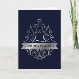 Ornate Silver Angel jul Blessings Navy Helgkort