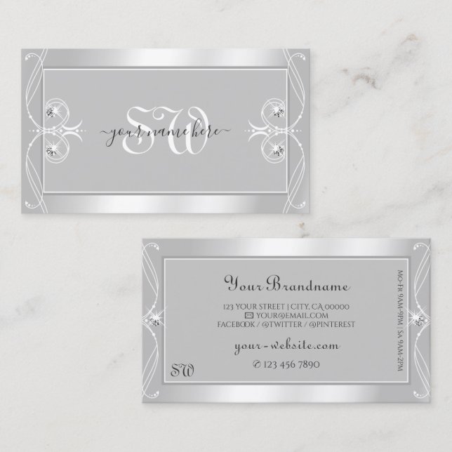 Ornate Silver Light Grått Gnistra judar Monogram Visitkort (Fram/baksida)