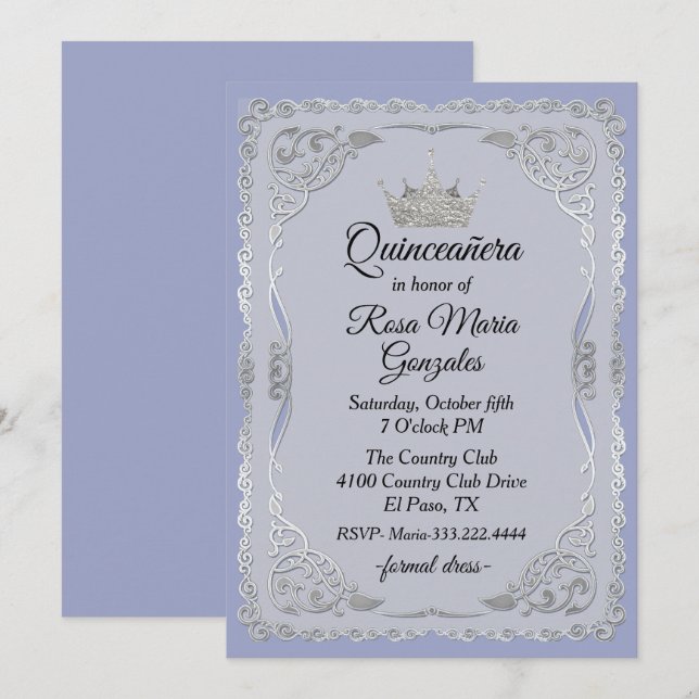 Ornate Silver och Slate Blue Krona Quinceanera Inbjudningar (Fram/baksida)