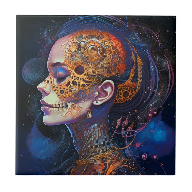 Ornate Skull Woman Surreal Art Kakelplatta (Framsidan)