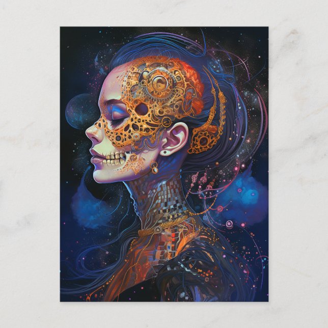 Ornate Skull Woman Surreal Art Vykort (Framsida)
