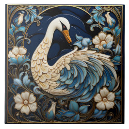 Ornate Svan, Blue and White, Bird & Flowers Kakelplatta