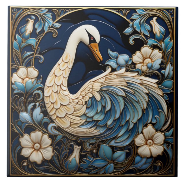 Ornate Svan, Blue and White, Bird & Flowers Kakelplatta (Framsidan)