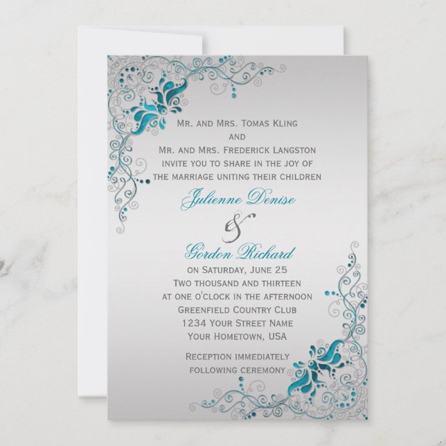 Ornate Teal and Silver Blommigt Swirls Bröllop Inbjudningar (Framsida)
