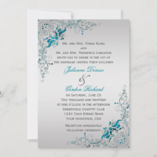 Ornate Teal and Silver Blommigt Swirls Bröllop Inbjudningar