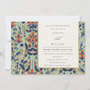 Ornate Teal Blommigt Bird Rehearsal Dinner Inbjuda Tack Kort