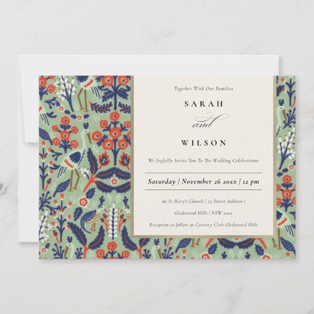 Ornate Teal Navy Classy Blommigt Peacock Bröllop Inbjudningar (Framsida)