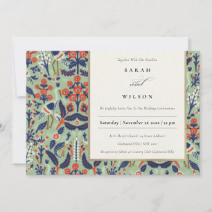 Ornate Teal Navy Classy Blommigt Peacock Bröllop Inbjudningar