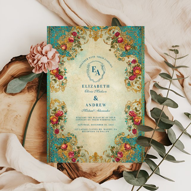 Ornate Teal och Guld Garden Wedding Inbjudningar (Skapare uppladdad)