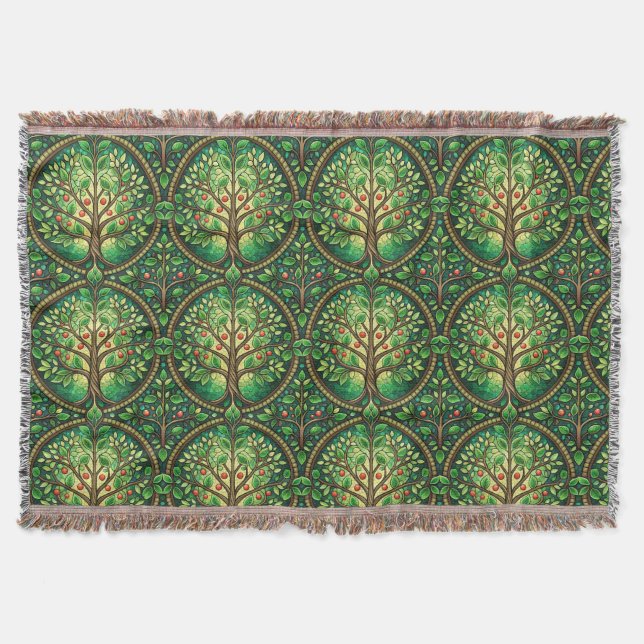 Ornate tree pattern in green and brown on a woven  filt (Framsidan)