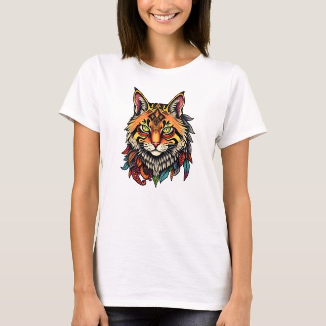 Ornate Tribal Cat Hoodie med färgad fjäder T Shirt (Framsida)